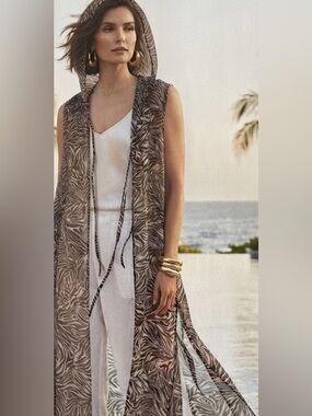 VTG Rapz Women's Sheer Long Vest Duster Animal Print Lagenlook Hooded Size L